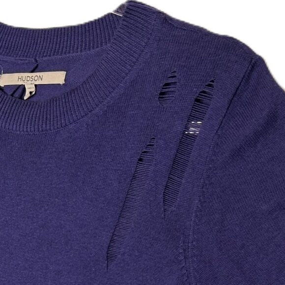 Hudson Sweater Women's Large Blue Distressed Twist Back Cotton-Cashmere Blend LS - Picture 6 of 15